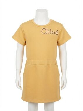 Chloé Girls Yellow Embroidered Cut-Out Logo Cotton Dress Size 8